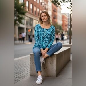 Women’s M casual teal navy blue top tunic shirt scoop neck long sleeves buttons